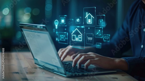 Strategic business success. Real estate investment. Financial planning and investment business development. Businessman use laptop with house icon for analyzing mortgage loan home and insurance real