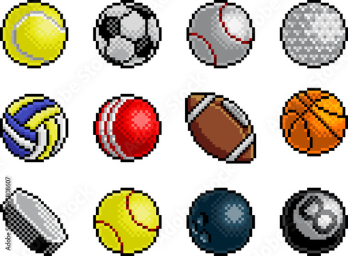 Sport ball set video game pixel art icons. Sport balls include soccer, baseball, tennis and volleyball. As well as golf, pool, cricket and football. Also softball, basketball, bowling and hockey puck.