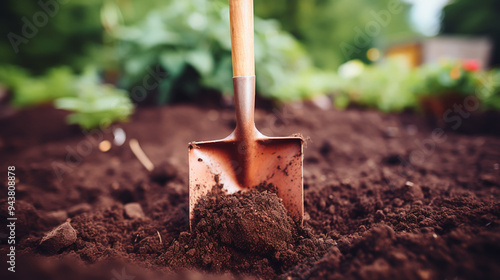 Close-up of a Garden Shovel in Freshly Turned Soil During Spring Gardening photo