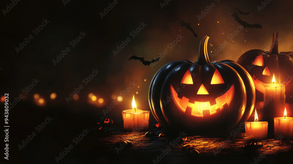 Fototapeta premium Carved pumpkins with eerie, twisted faces are softly illuminated by a scattering of glowing candles, set against a deep, dark background.