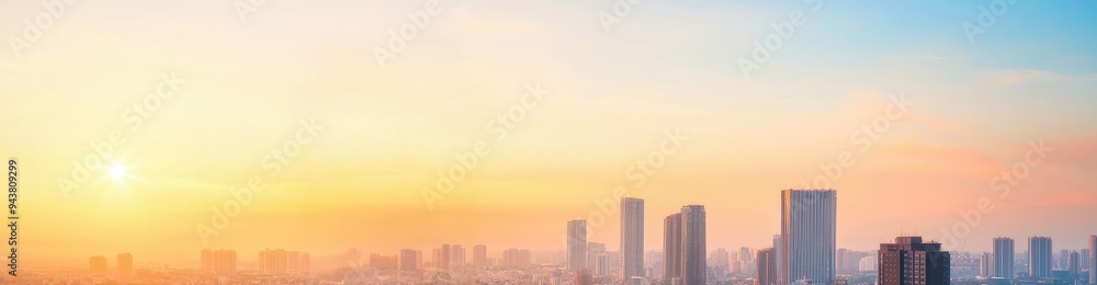 Fototapeta premium Empty Rooftop View, Cityscape in Sunset, Pastel Sky