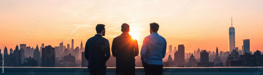 Fototapeta premium Three friends enjoy a stunning sunset view over the city skyline, capturing a moment of friendship and serenity.
