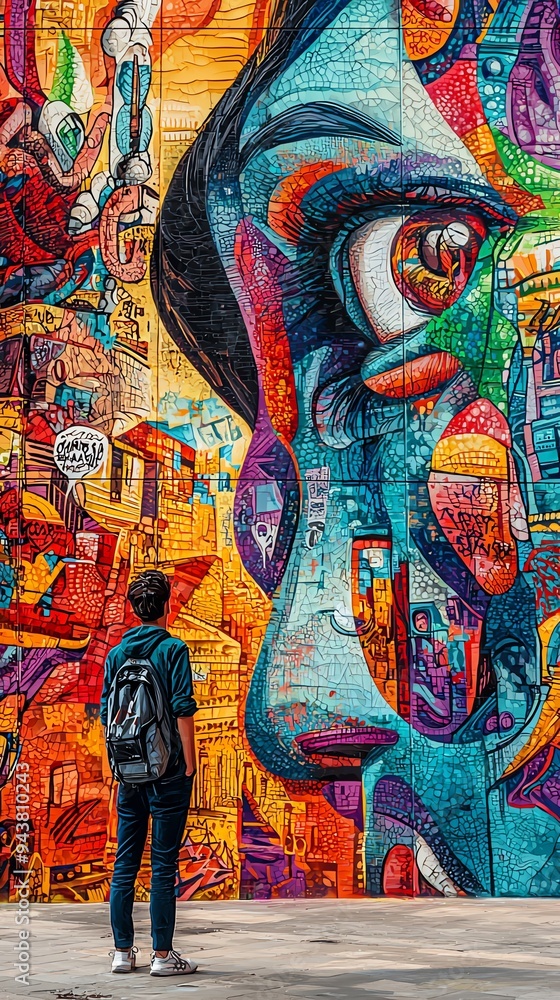Fototapeta premium A person admires a vibrant street art mural featuring an expressive face and colorful patterns in an urban setting.