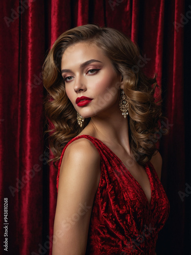 A young woman in a red evening gown, posing dramatically against a luxurious velvet backdrop.