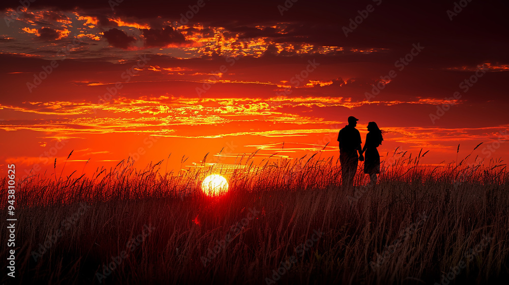 Romantic Couple Silhouette at Sunset on Scenic Hill with Dramatic Sky Romantic Couple Silhouette at Sunset on Scenic Hill with Dramatic Sky