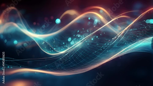 Abstract representation of flowing waves with light effects and particles.