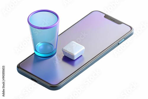 3D Smartphone with floating holographic shot glass isolated on white with ample copy space concept as A smartphone lies on a white surface with a holographic shot glass icon floating beside it. The ca