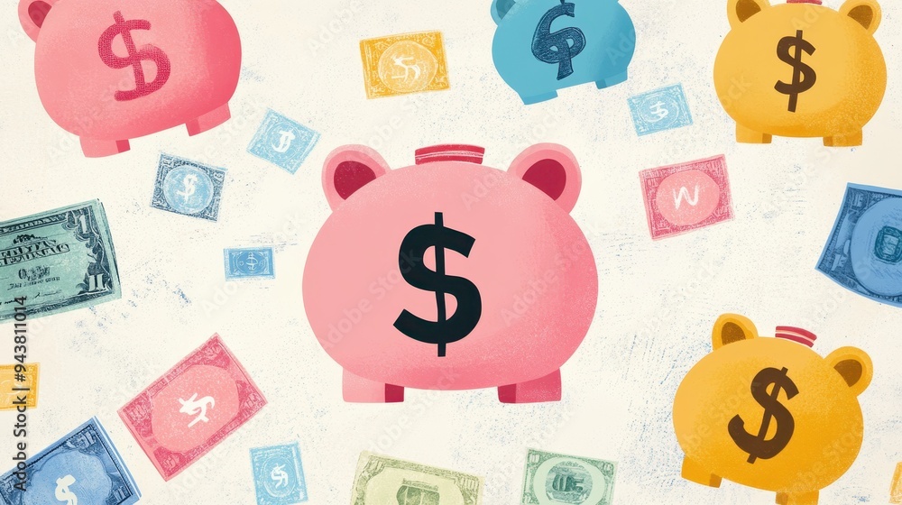 Colorful piggy banks and various currency notes highlight creative savings tips, promoting financial literacy and smart management Colorful piggy banks and various currency notes highlight creative savings tips, promoting financial literacy and smart management
