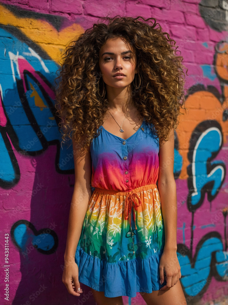 Fototapeta premium A young woman with curly hair wearing a colorful boho dress, posing against a vibrant graffiti wall.