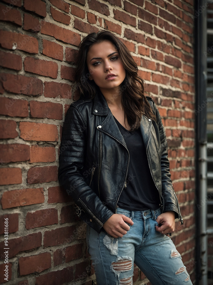 A young woman with dark, wavy hair wearing a leather jacket and ripped jeans, leaning against a brick wall. A young woman with dark, wavy hair wearing a leather jacket and ripped jeans, leaning against a brick wall.