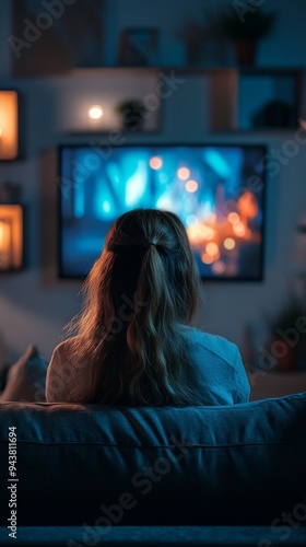 Silhouette of a woman watching vibrant TV screen in dimly lit room, creating a cozy atmosphere with soft ambient lighting and potted plants. photo