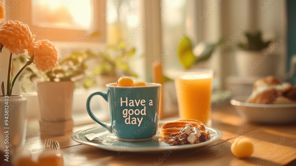 A bright and colorful breakfast scene with a A bright and colorful breakfast scene with a