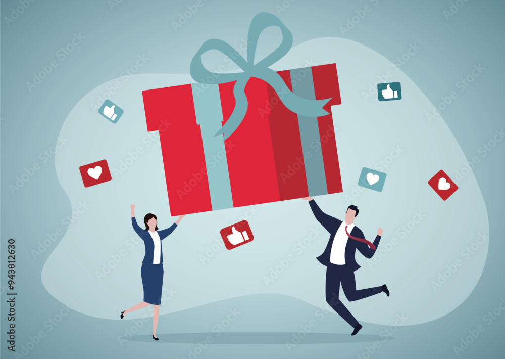 Happy business people hold gift box. Colleagues in jump with prize. Loyalty program, cash back, reward. Gift or reward for best employees of the month or regular customer. Surprise for love couple. Happy business people hold gift box. Colleagues in jump with prize. Loyalty program, cash back, reward. Gift or reward for best employees of the month or regular customer. Surprise for love couple.