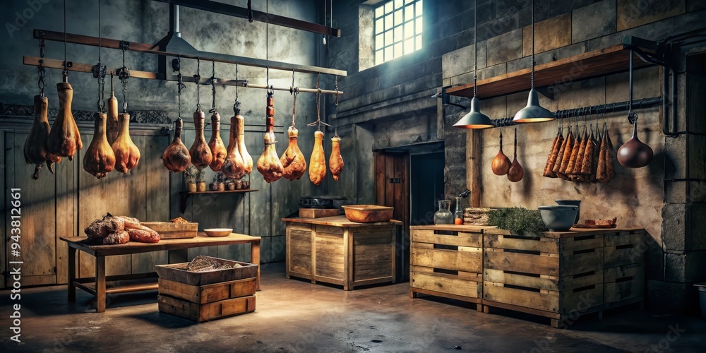 Moody Smokehouse dimly lit industrial kitchen duck pancetta hanging ...
