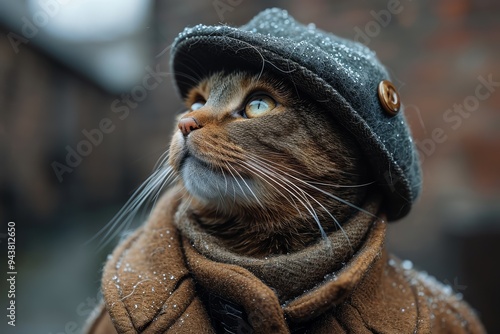A realistic cat wearing a coat and a hat, standing confidently
