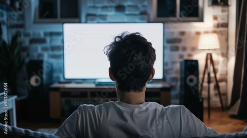 Late-night productivity: A person engrossed in work at their home office setup, illuminated by the glow of a large monitor screen in a cozy, dimly lit room.