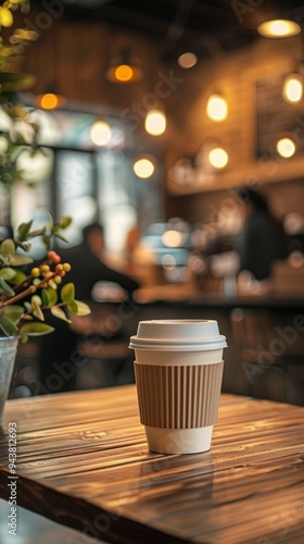 Cozy coffee shop ambiance with warm lighting and a takeaway cup on wooden table, inviting patrons to relax and enjoy their favorite brew.