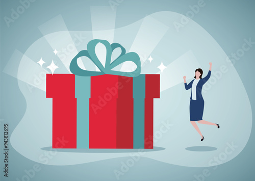 Happy woman holding gift box. Businesswoman in jump with prize. Loyalty program, cash back, reward. Gift or reward for best employee of the month or regular customer.