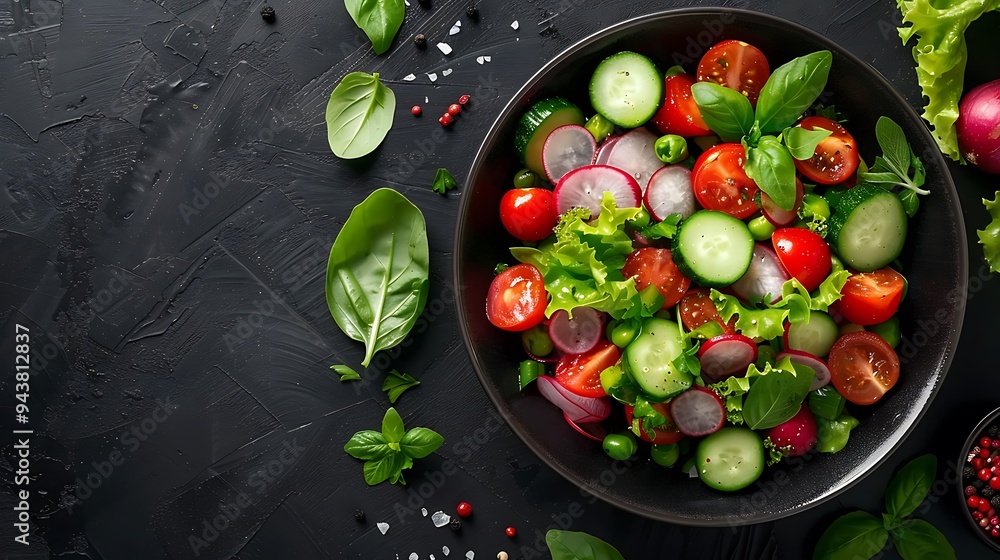 A beautifully arranged mix of freshly picked garden vegetables served with a homemade herb dressing, placed in a dark bowl on a dark background, emphasizing the contrast and vibrant colors, A beautifully arranged mix of freshly picked garden vegetables served with a homemade herb dressing, placed in a dark bowl on a dark background, emphasizing the contrast and vibrant colors,