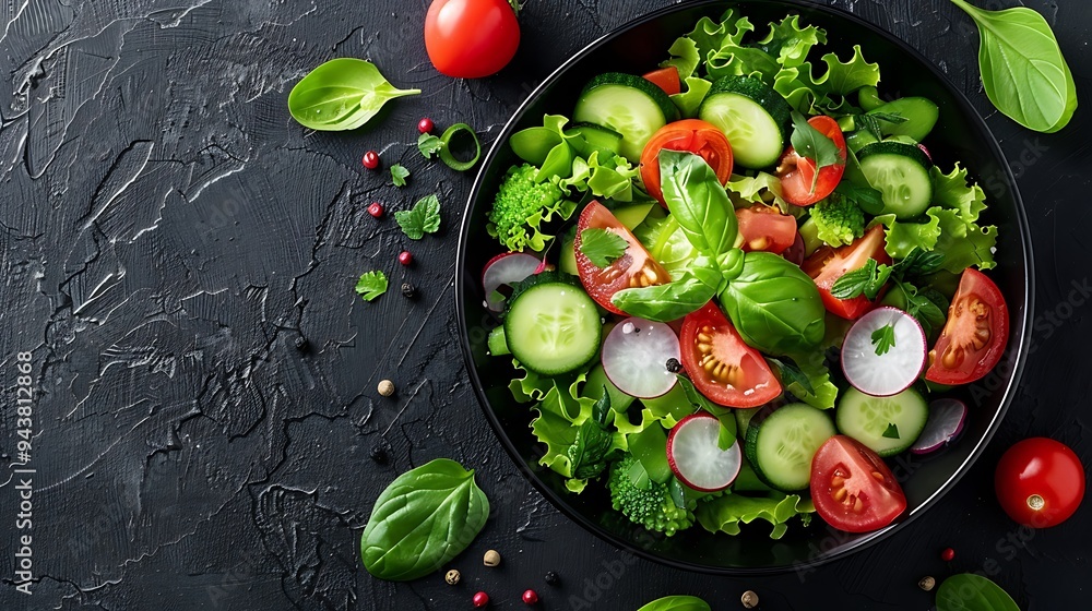 A beautifully arranged mix of freshly picked garden vegetables served with a homemade herb dressing, placed in a dark bowl on a dark background, emphasizing the contrast and vibrant colors, A beautifully arranged mix of freshly picked garden vegetables served with a homemade herb dressing, placed in a dark bowl on a dark background, emphasizing the contrast and vibrant colors,