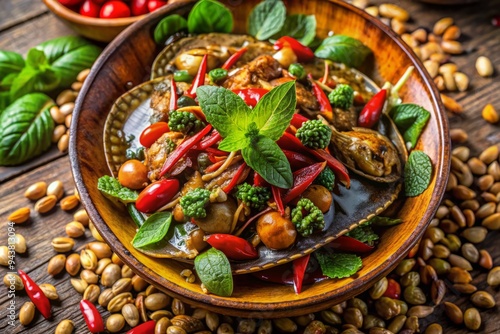 Burst of Southeast Asian Flavors - Close-up High Angle Shot emphasizing the vibrant colors and textures of horseshoe crab eggs, chilies, mint leaves, and toasted peanuts.