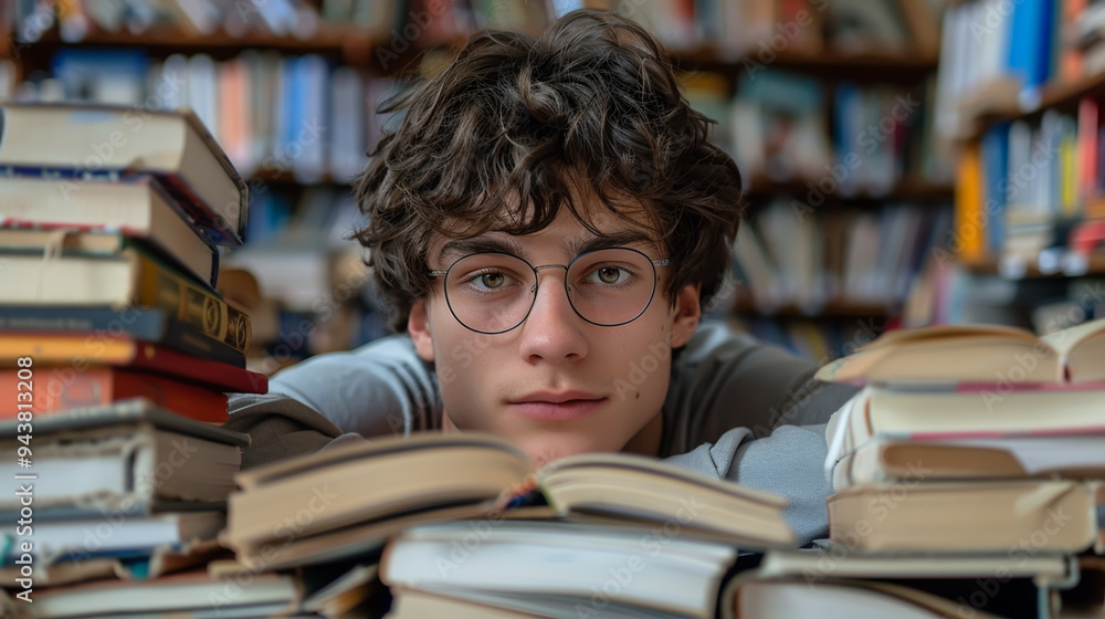 Young Man with Glasses Studying in a Library Surrounded by Books Young Man with Glasses Studying in a Library Surrounded by Books