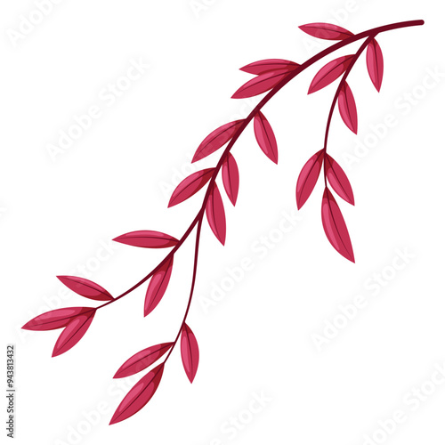 Red willow twig with leaves. Cartoon flat illustration
