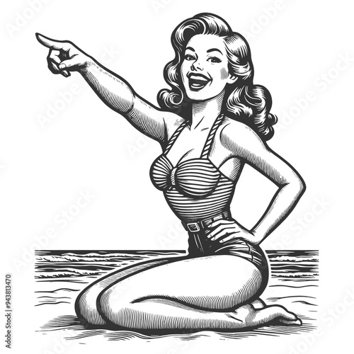 joyful pin-up woman in a swimsuit, smiling and pointing forward on a beach sketch engraving generative ai fictional character vector illustration. Scratch board imitation. Black and white image.