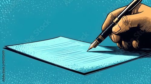 Stylized Pop Art Depiction of Signing a Contract with Pen on Blue Background
