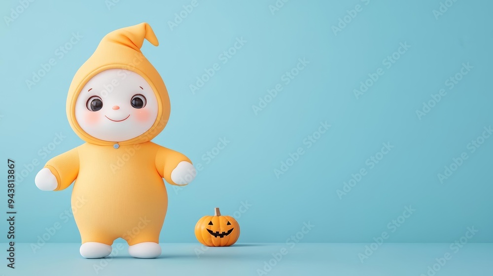 A cheerful doll in a bright orange costume stands next to a cute pumpkin against a soft blue background, perfect for Halloween themes. A cheerful doll in a bright orange costume stands next to a cute pumpkin against a soft blue background, perfect for Halloween themes.