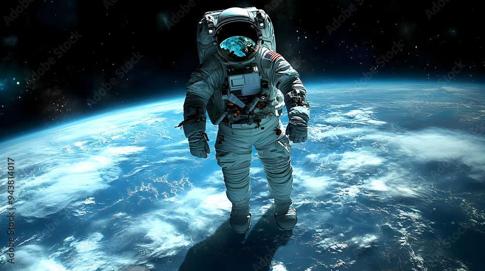 An astronaut floats in space above Earth, with the planet's blue oceans and white clouds visible. An astronaut floats in space above Earth, with the planet's blue oceans and white clouds visible.