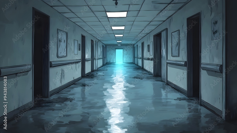 Ominous Abandoned Hospital Hallway with Faint Blue Glow