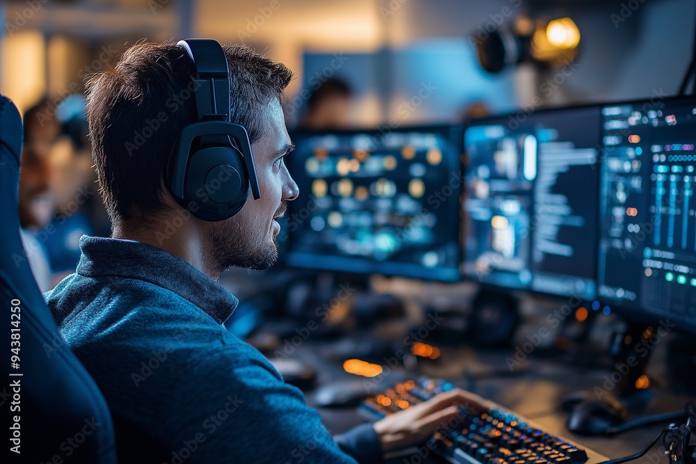 Man with a headset deeply engaged in gaming at a professional setup with multiple monitors. Man with a headset deeply engaged in gaming at a professional setup with multiple monitors.