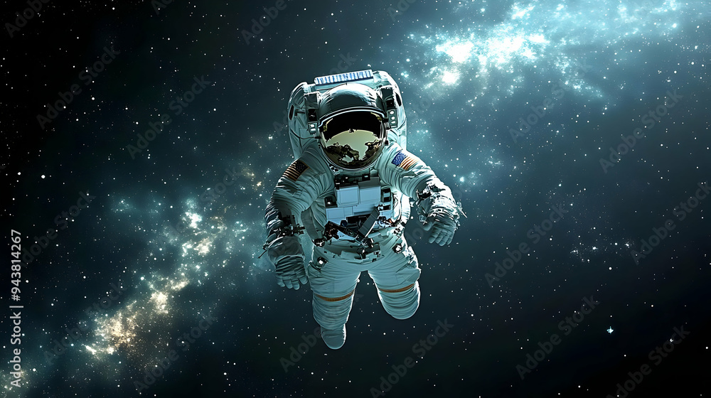 An astronaut floats in space against a backdrop of stars and galaxies. An astronaut floats in space against a backdrop of stars and galaxies.