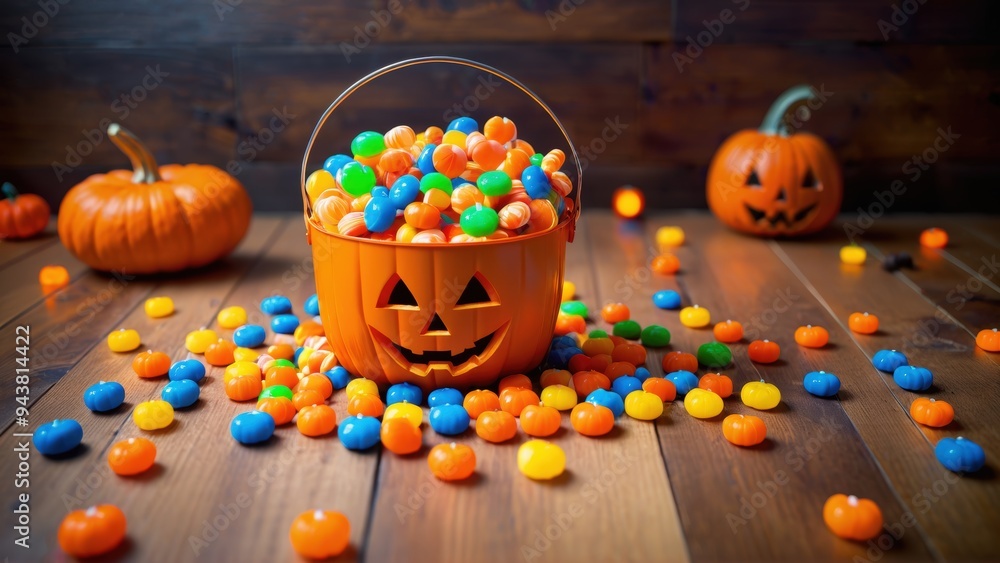 Colorful Halloween candies in a pumpkin bucket with decorations Colorful Halloween candies in a pumpkin bucket with decorations