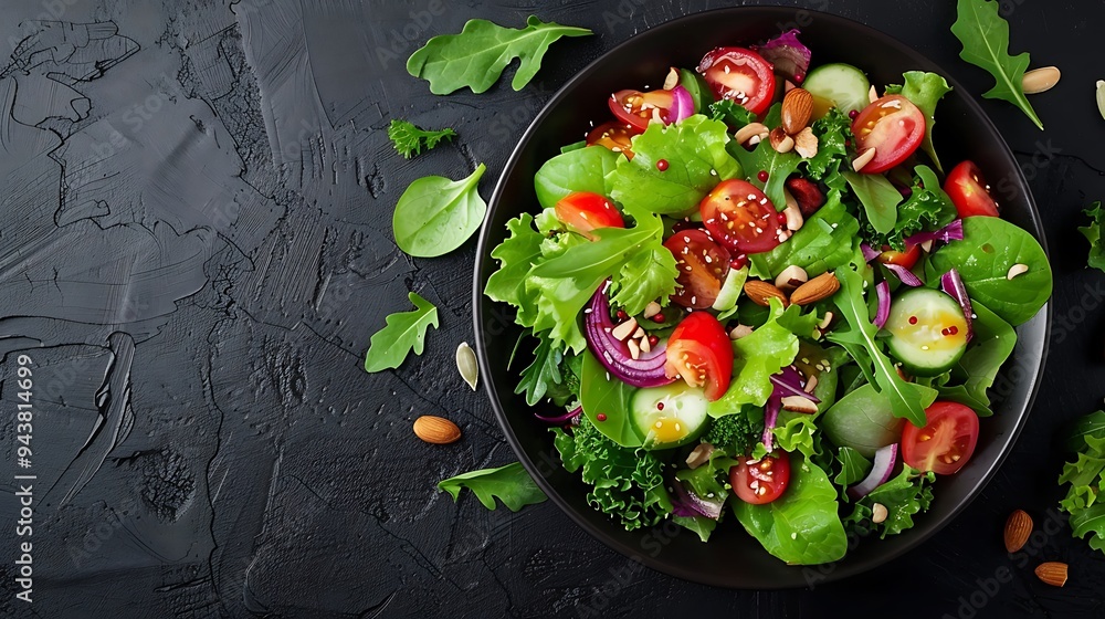 A beautifully arranged salad with mixed greens, nuts, and seeds, topped with honey mustard dressing, placed in a dark bowl on a dark background, emphasizing the contrast and vibrant colors, A beautifully arranged salad with mixed greens, nuts, and seeds, topped with honey mustard dressing, placed in a dark bowl on a dark background, emphasizing the contrast and vibrant colors,