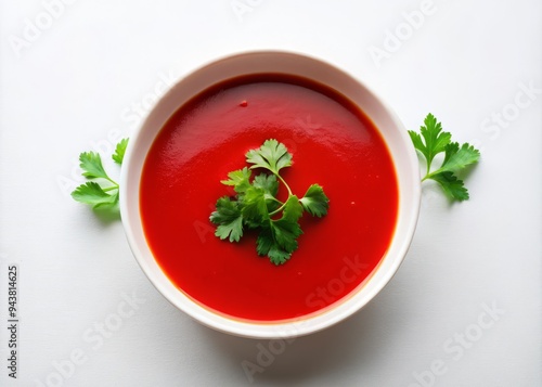 Stark contrast of a bold red broth against a minimalist white background with a single sprig of fresh cilantro in a modern soup bowl