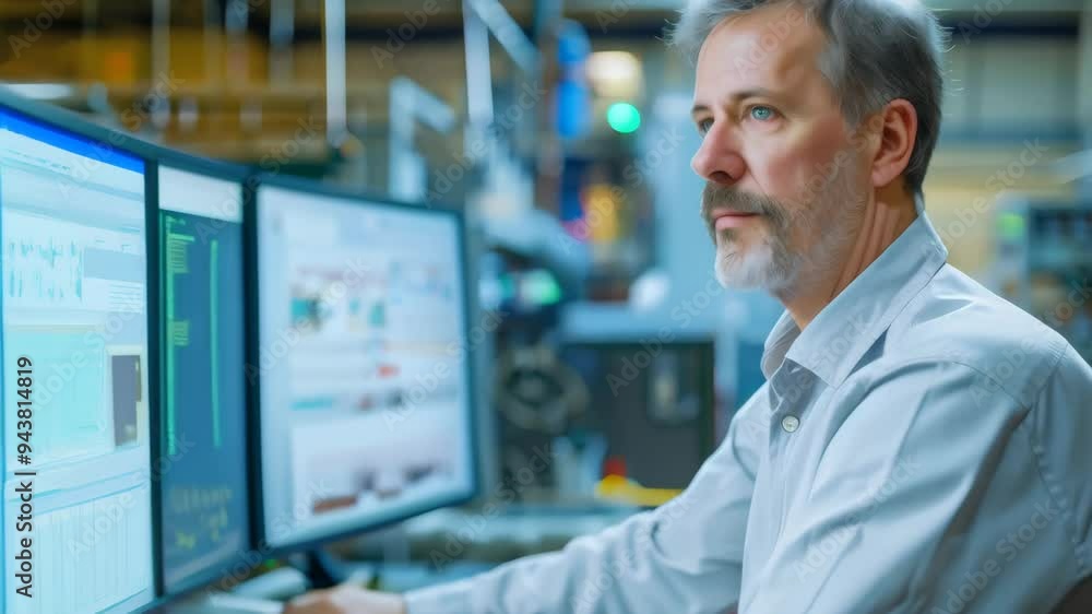 Engineer monitoring industrial processes on multiple screens in a high-tech facility. Precision engineering and data analysis in a manufacturing environment Engineer monitoring industrial processes on multiple screens in a high-tech facility. Precision engineering and data analysis in a manufacturing environment