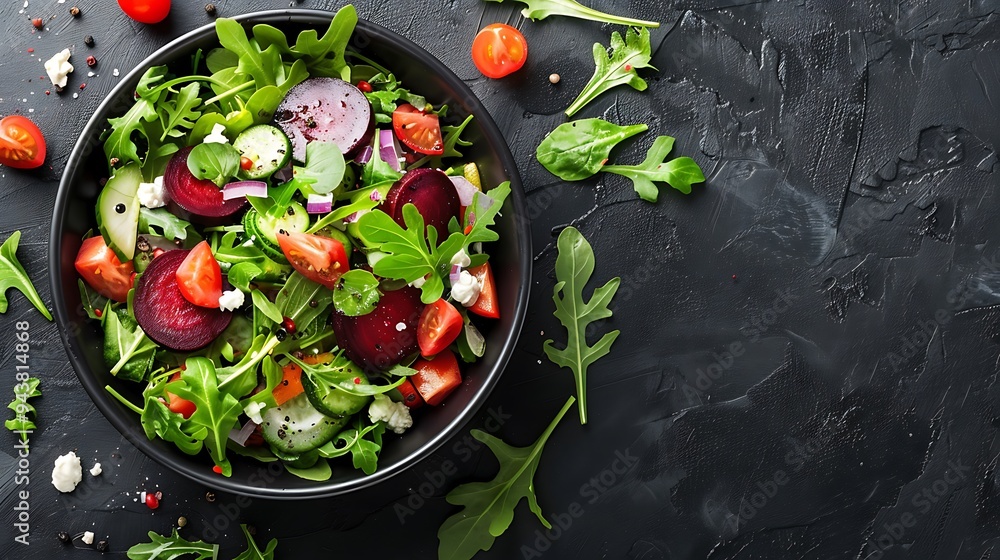 A beautifully arranged salad with roasted beets, goat cheese, and arugula, placed in a dark bowl on a dark background, emphasizing the contrast and vibrant colors, A beautifully arranged salad with roasted beets, goat cheese, and arugula, placed in a dark bowl on a dark background, emphasizing the contrast and vibrant colors,