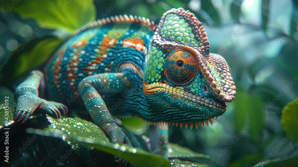 Obraz premium Close Up of a Vibrant Chameleon on Lush Foliage
