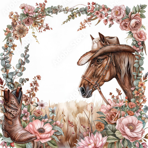  Watercolor frame with cowboy boots and roses illustration on white background
Background with horse and flowers