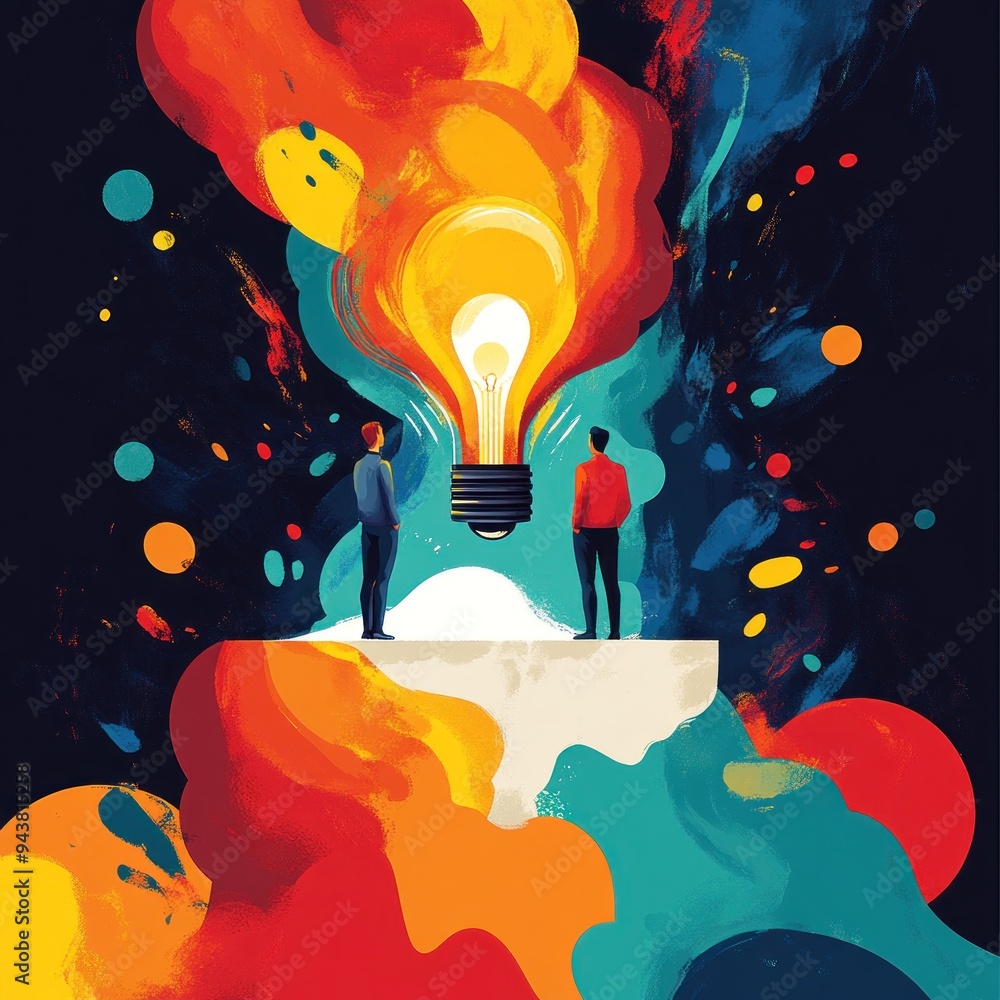 Two Men Gazing at a Glowing Lightbulb Surrounded by Abstract Colors Two Men Gazing at a Glowing Lightbulb Surrounded by Abstract Colors
