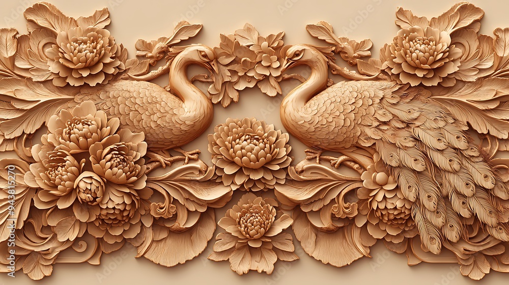 Ornate Chinese Floral Wooden Panel Vector Illustration on Cream Background Ornate Chinese Floral Wooden Panel Vector Illustration on Cream Background