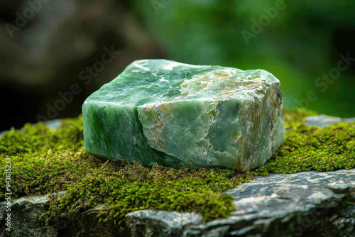 A Stunning Close-Up of a Raw Jade Stone Highlighting Its Captivating Green Hues and Textures in a Serene Natural Setting.