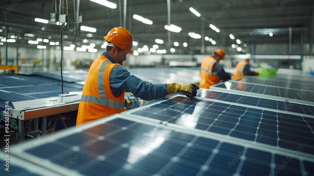 workers assembling photovoltaic panels in a factory, workers assembling photovoltaic panels in a factory,