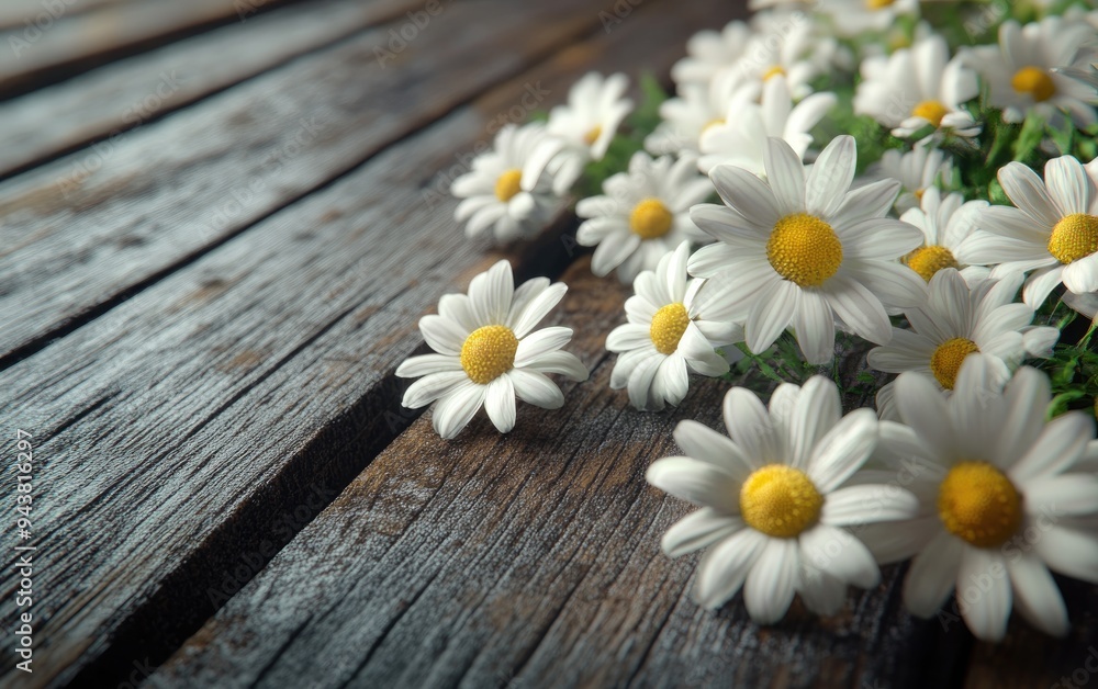 Obraz premium 3D rendering of daisy flowers on a rustic wooden surface creating floral backgrounds