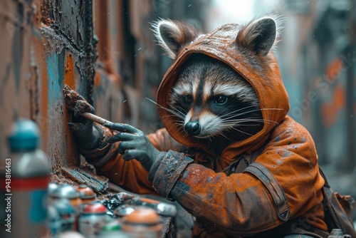 Anthropomorphic raccoon wearing a leather jacket standing with a hammer photo