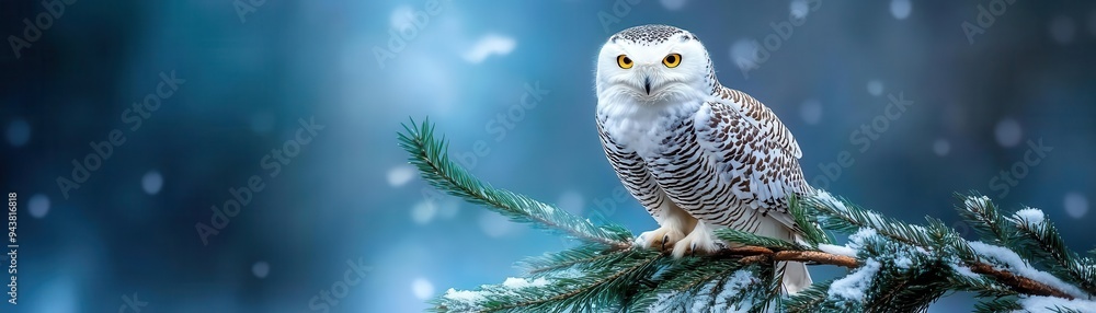 Fototapeta premium Snowy owl perched on a branch in a winter wonderland.