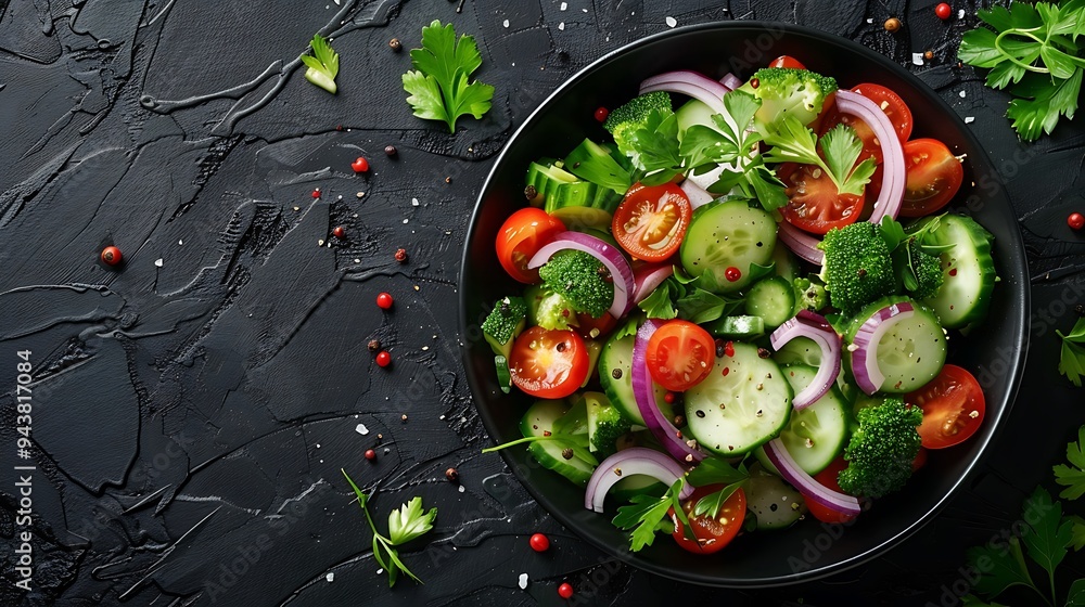 A bowl of vibrant vegetable salad featuring bell peppers, cherry tomatoes, cucumbers, and red onions, with a light vinaigrette, placed on a dark, textured surface, A bowl of vibrant vegetable salad featuring bell peppers, cherry tomatoes, cucumbers, and red onions, with a light vinaigrette, placed on a dark, textured surface,
