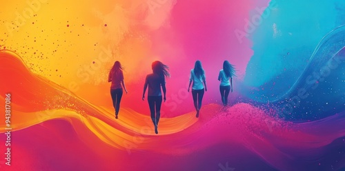 Four Women Walking on an Abstract Colorful Landscape photo